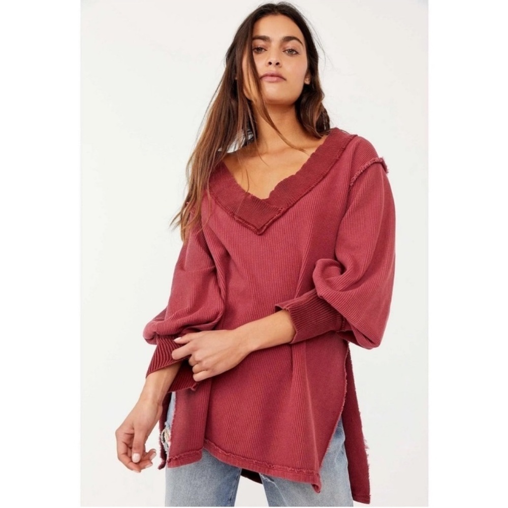 Free People Asher Thermal Oversized Shirt Stolen Kiss Maroon Red